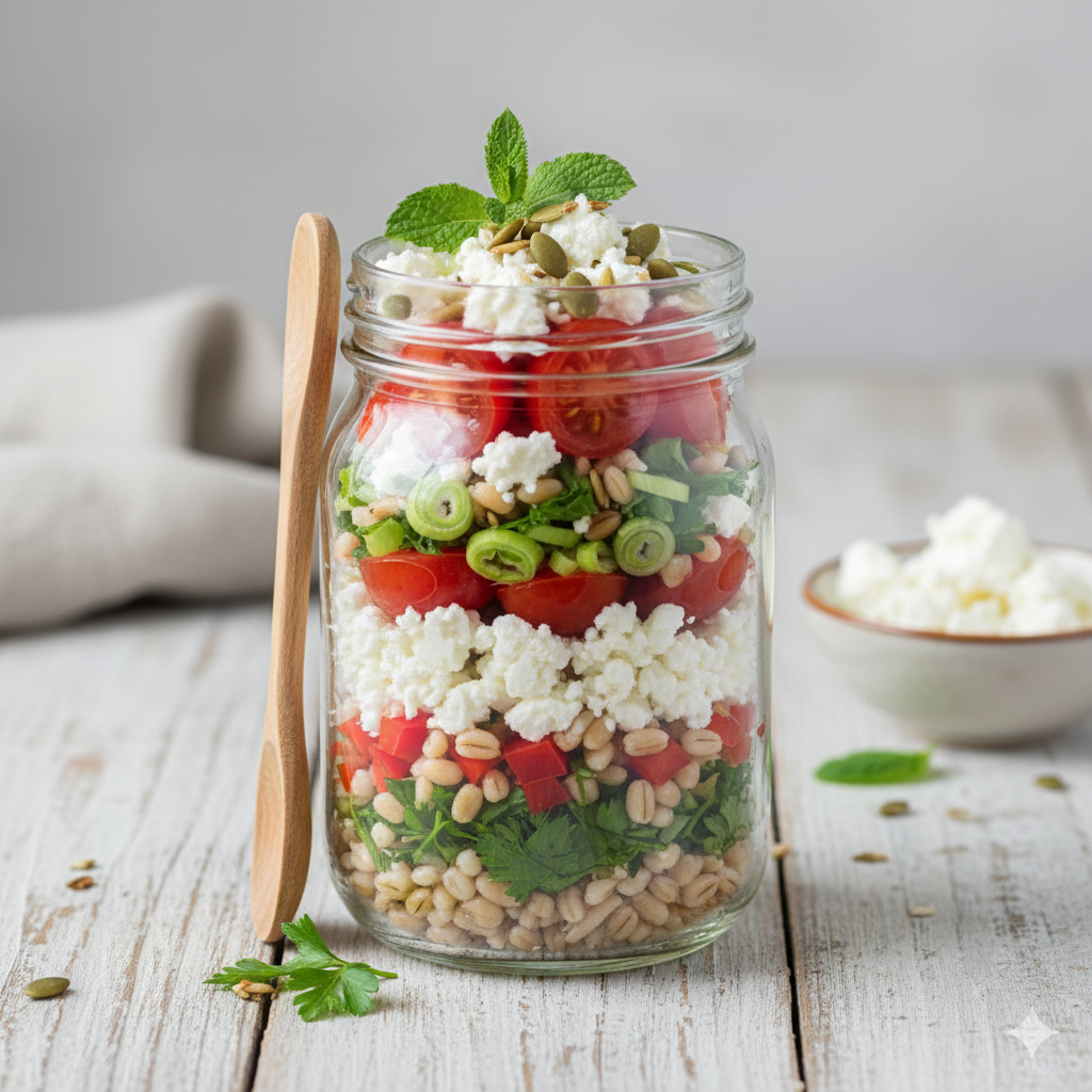 een salade van gerstgort met geitenkaas in een pot