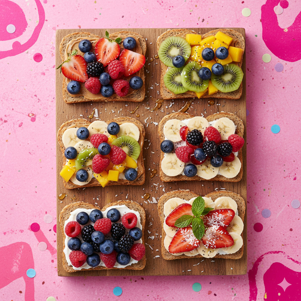 gezonde zoete broodjes met fruit en bessen op een roze kleurrijke achtergrond